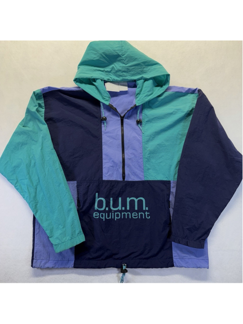 Vintage 90s BUM Equipment Colorblock Windbreaker Jacket Hooded Oversized 1/2 Zip